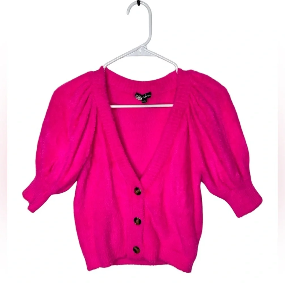 For Love & Lemons Chateau Short Sleeve Cardigan Size Small Hot Pink Fuzzy - Picture 3 of 10